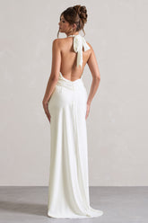 Ivory Satin Plunge Maxi Dress With Dipped Hem